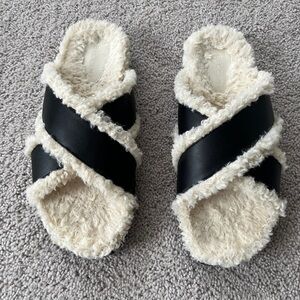 Women's Black and Cream Fuzzy Slide Sandals